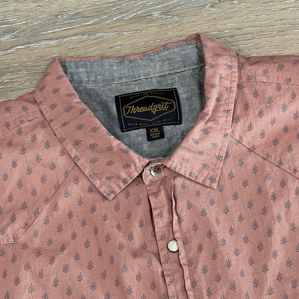 Threadgrit Mens‎ XXL Pink Leaf Print Short Sleeve Western Button Down